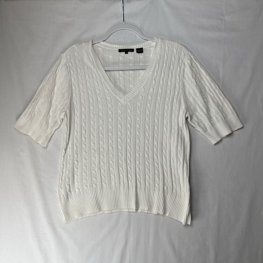 Jeanne Pierre Women White Top Medium 100% Cotton Ribbed Blouse Officecore Church